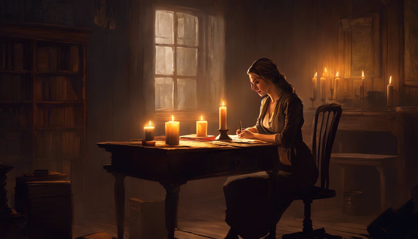 A woman sits at a desk with candles, focused on a notebook.