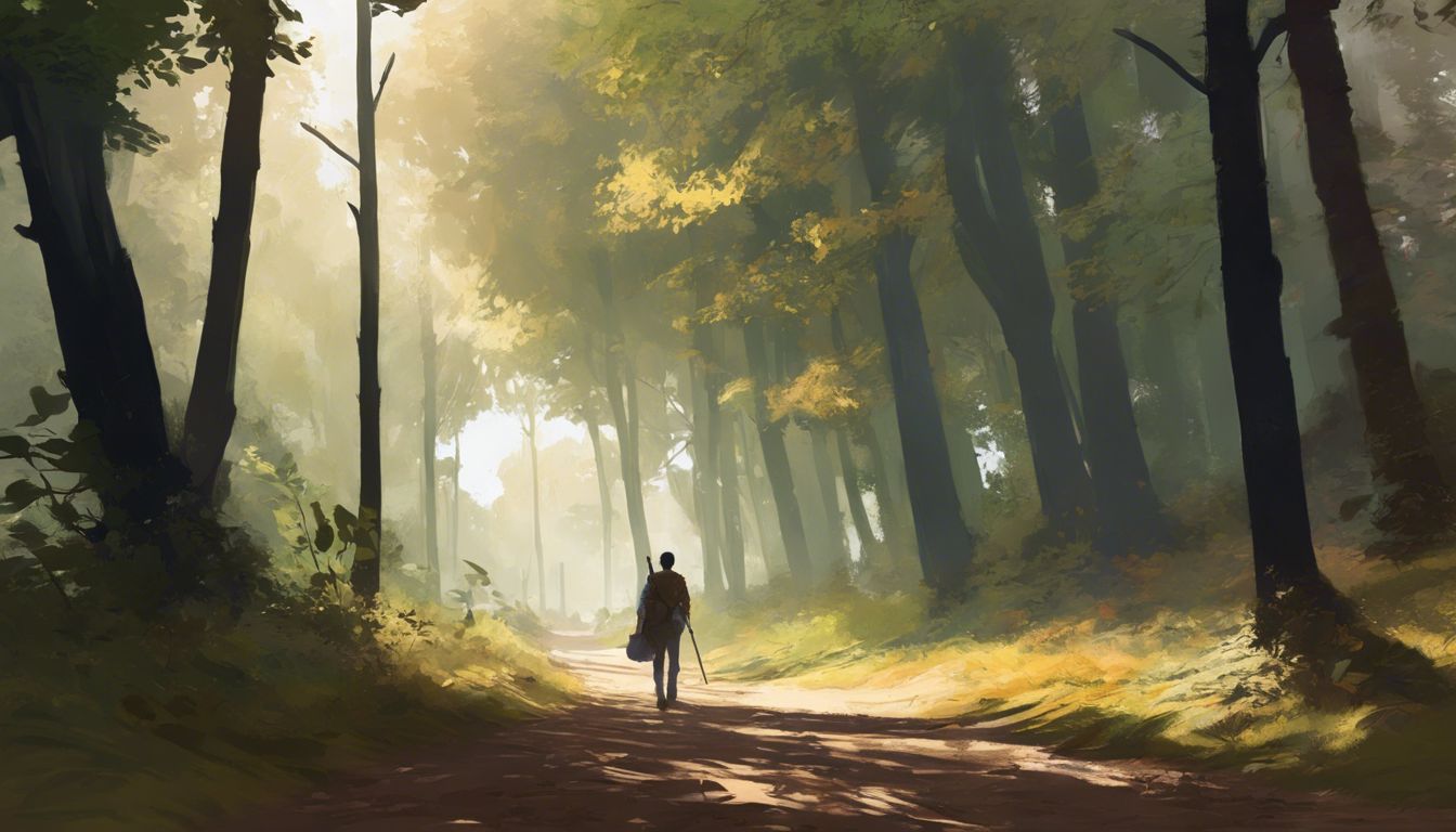 A person walks along a tranquil forest path.