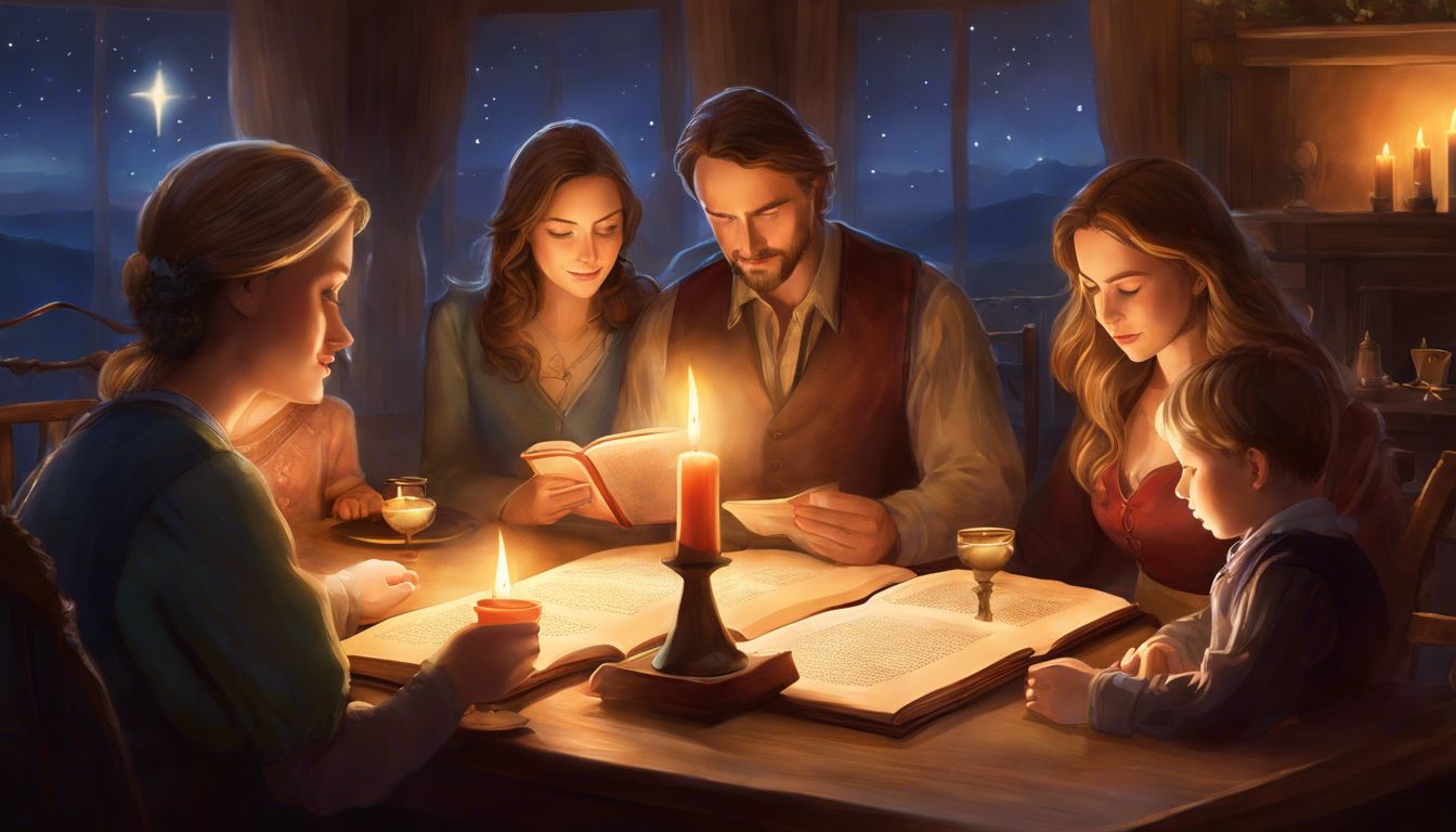 A family of four gathered around a table, reading Bible passages.