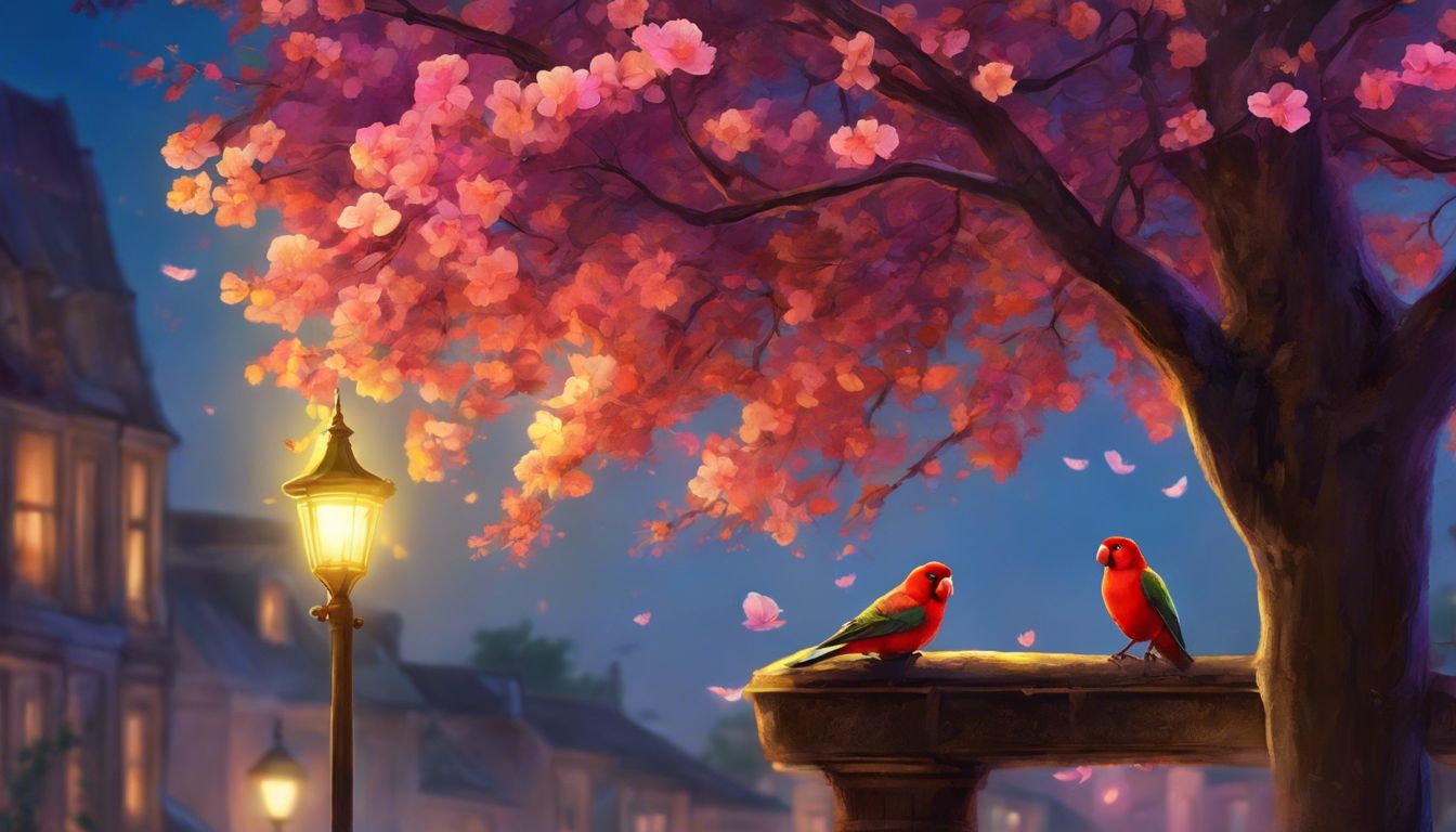 Two lovebirds perched on a tree branch in a peaceful setting.