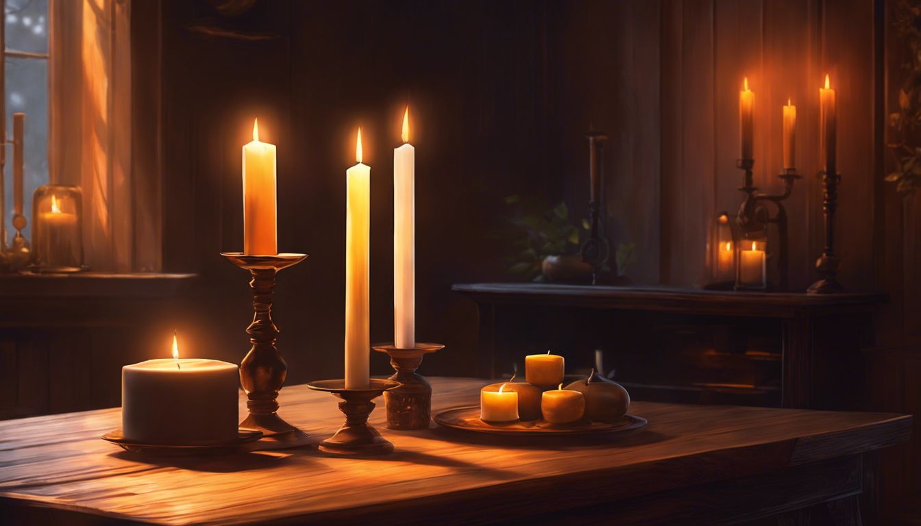 Two burning candles intertwined on a wooden table in a cozy living room.