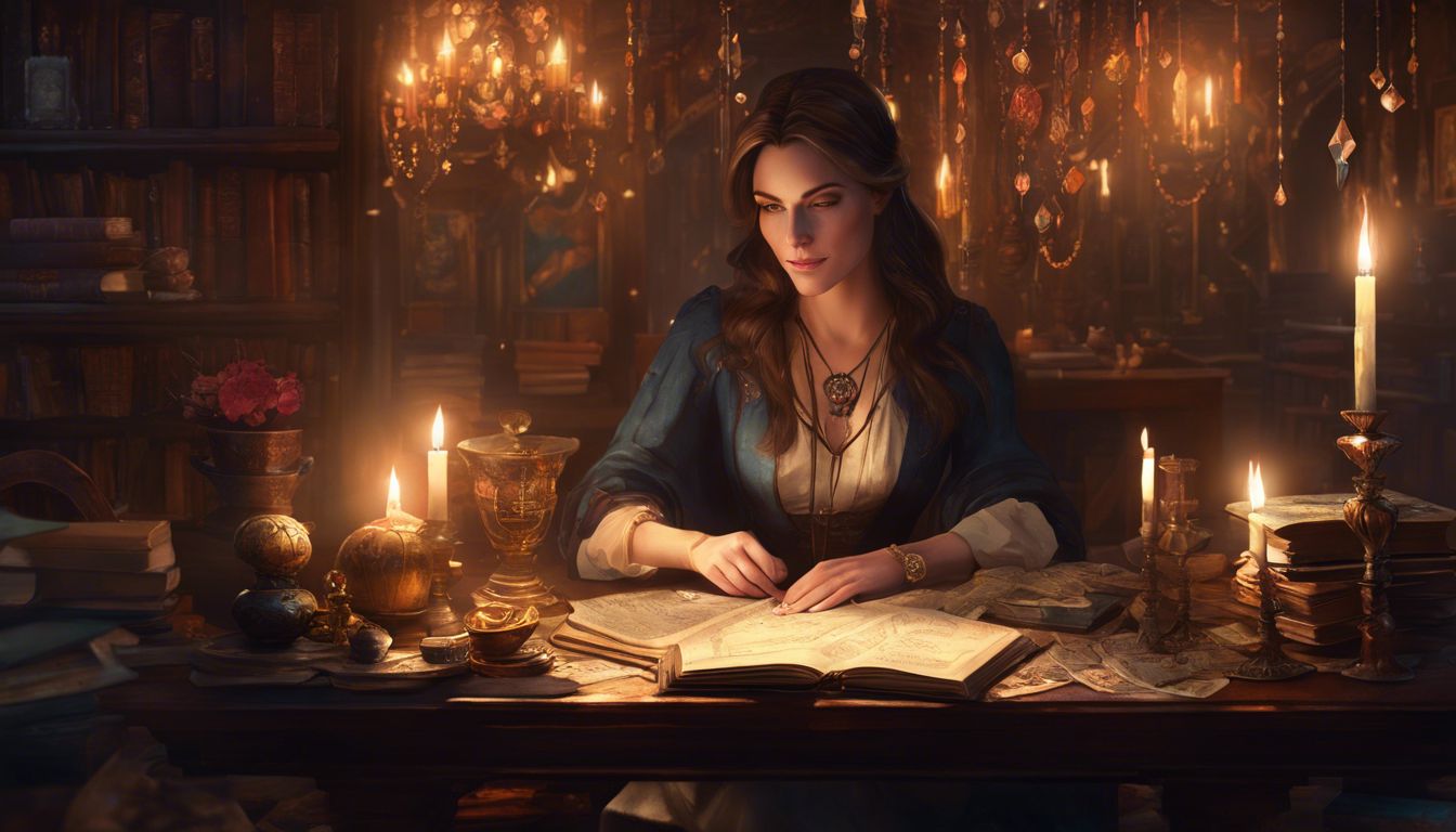 A woman contemplates Angel Number 8888 amidst mystical items.