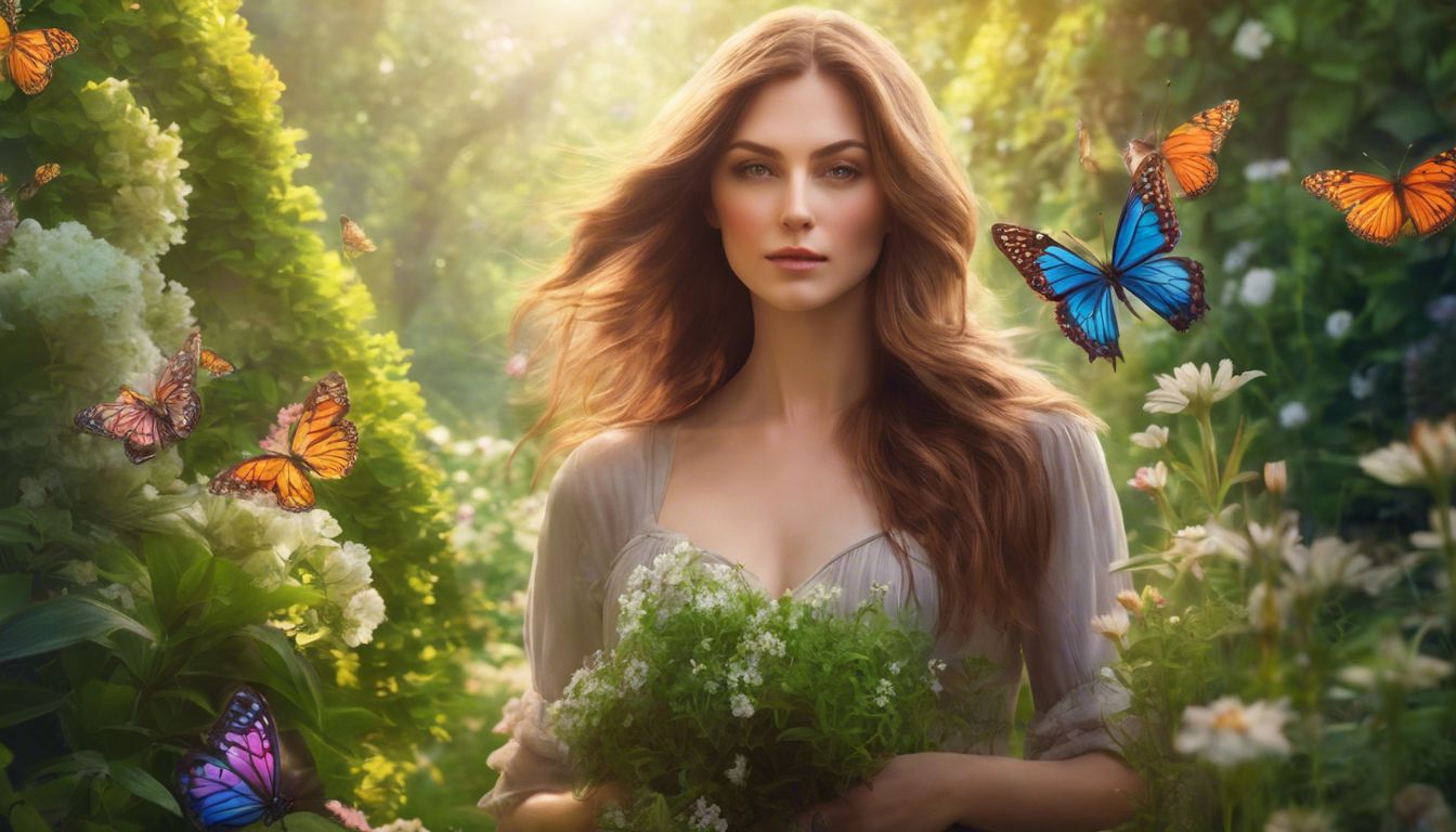 A woman in a garden with butterflies, surrounded by nature.
