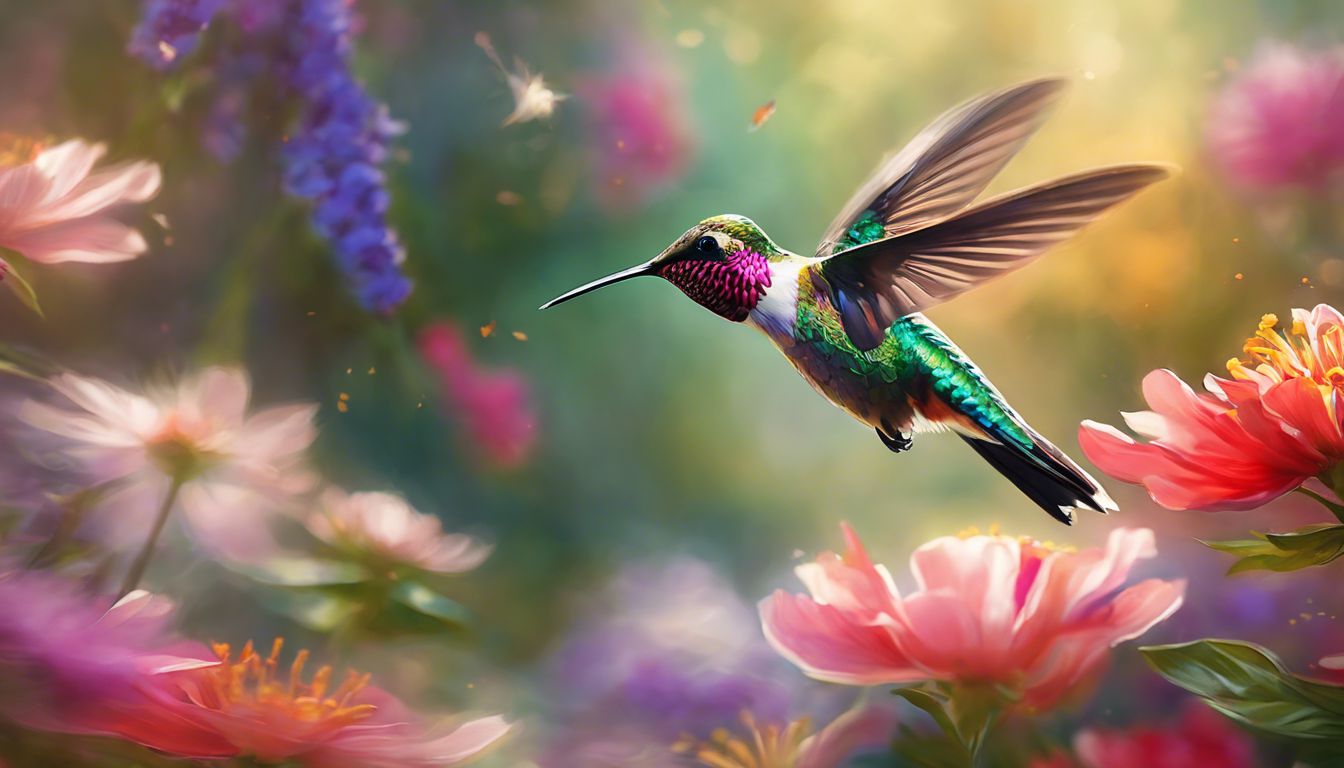A hummingbird hovers in a vibrant garden filled with blooming flowers.