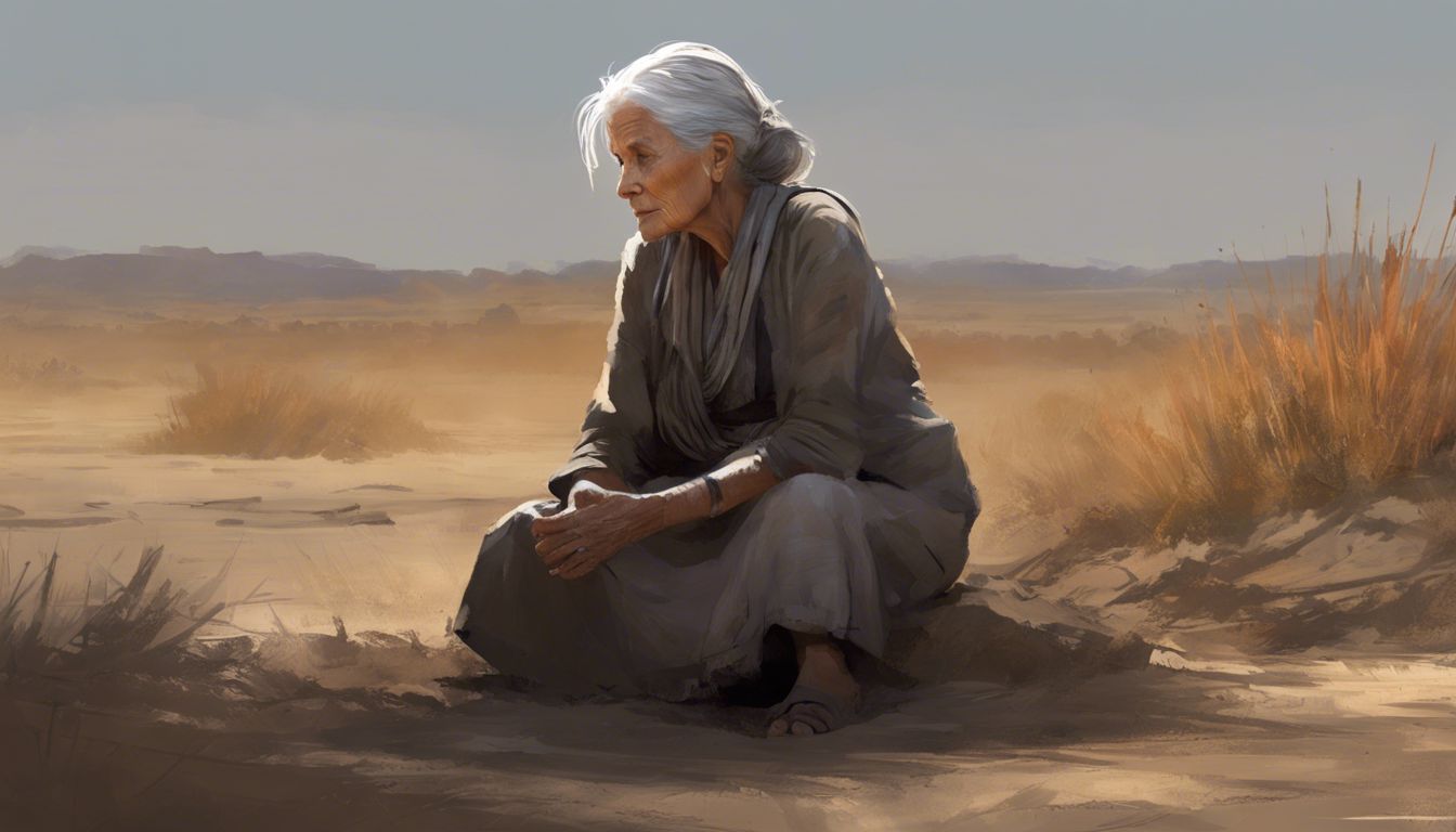 Elderly woman sits in barren field in ancient Israel, reflecting hardships of life.