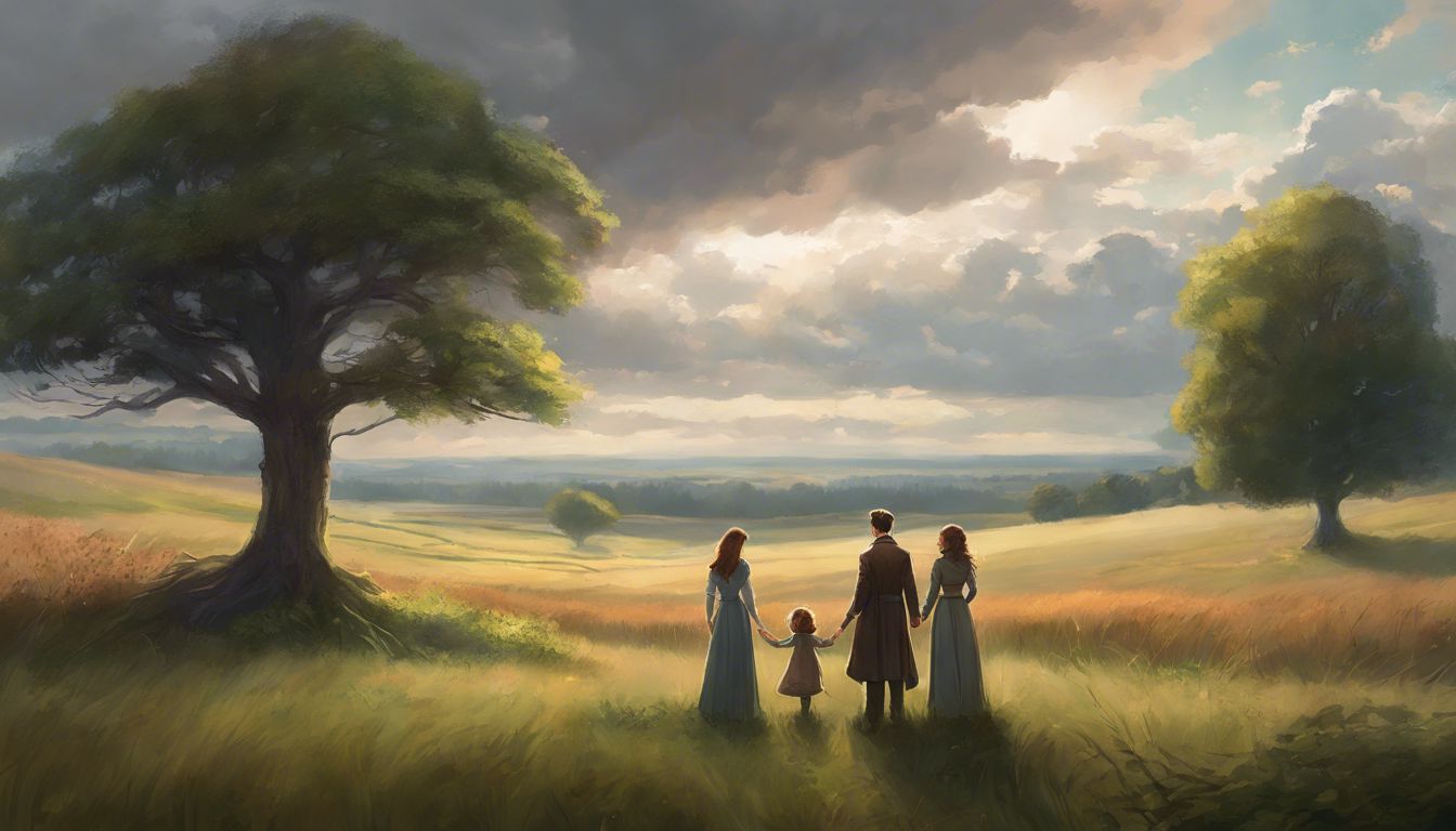 A family of three stands in a field surrounded by trees.