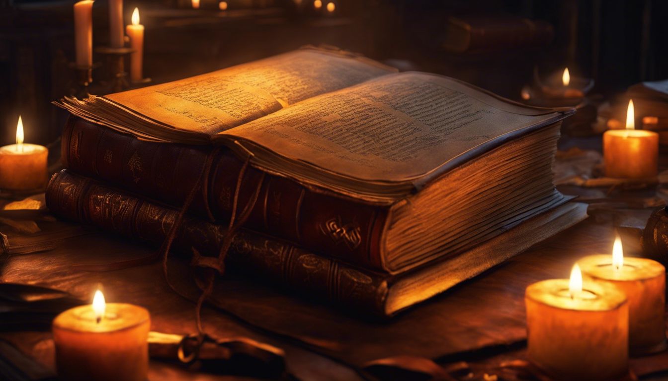An old leather-bound book lies open to a page discussing biblical fire.