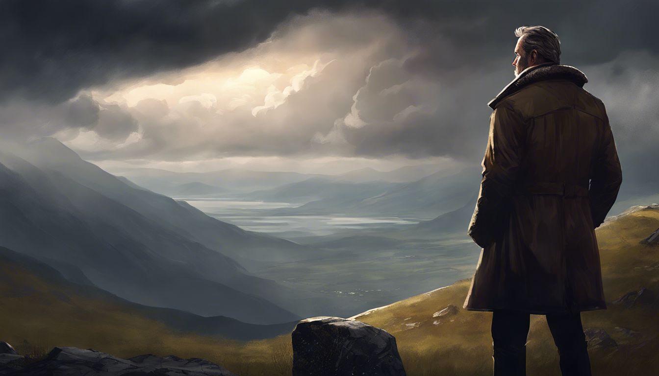 A man stands on a mountaintop with stormy clouds.