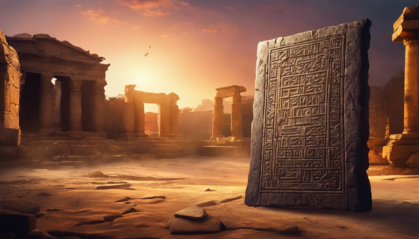 A weathered stone tablet with intricate numerical symbols against ancient ruins.